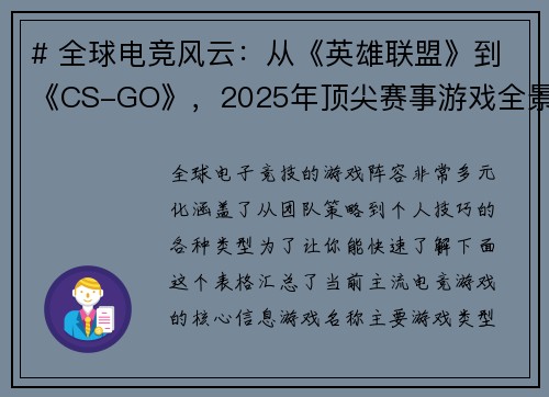 # 全球电竞风云：从《英雄联盟》到《CS-GO》，2025年顶尖赛事游戏全景透视