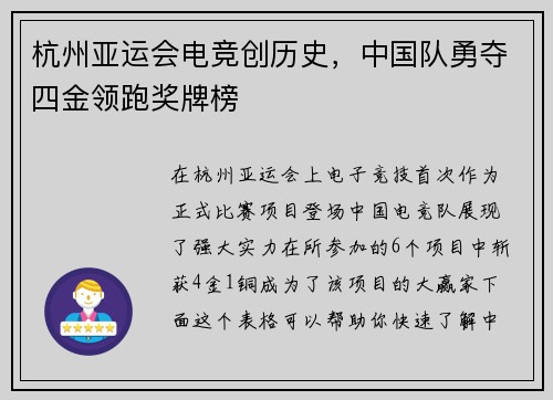 杭州亚运会电竞创历史，中国队勇夺四金领跑奖牌榜